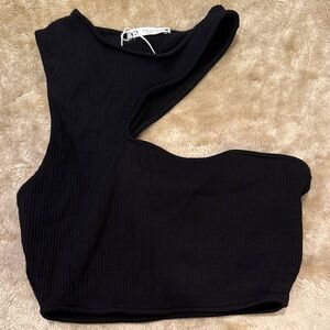 Zara Black Ribbed Asymmetrical Crop Top